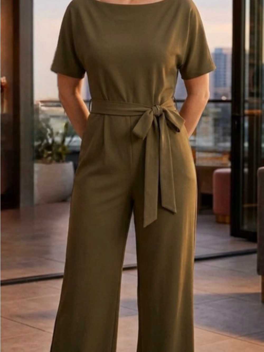 Source Unknown Olive Wide-Leg Short-Sleeve Jumpsuit with Tie Waist